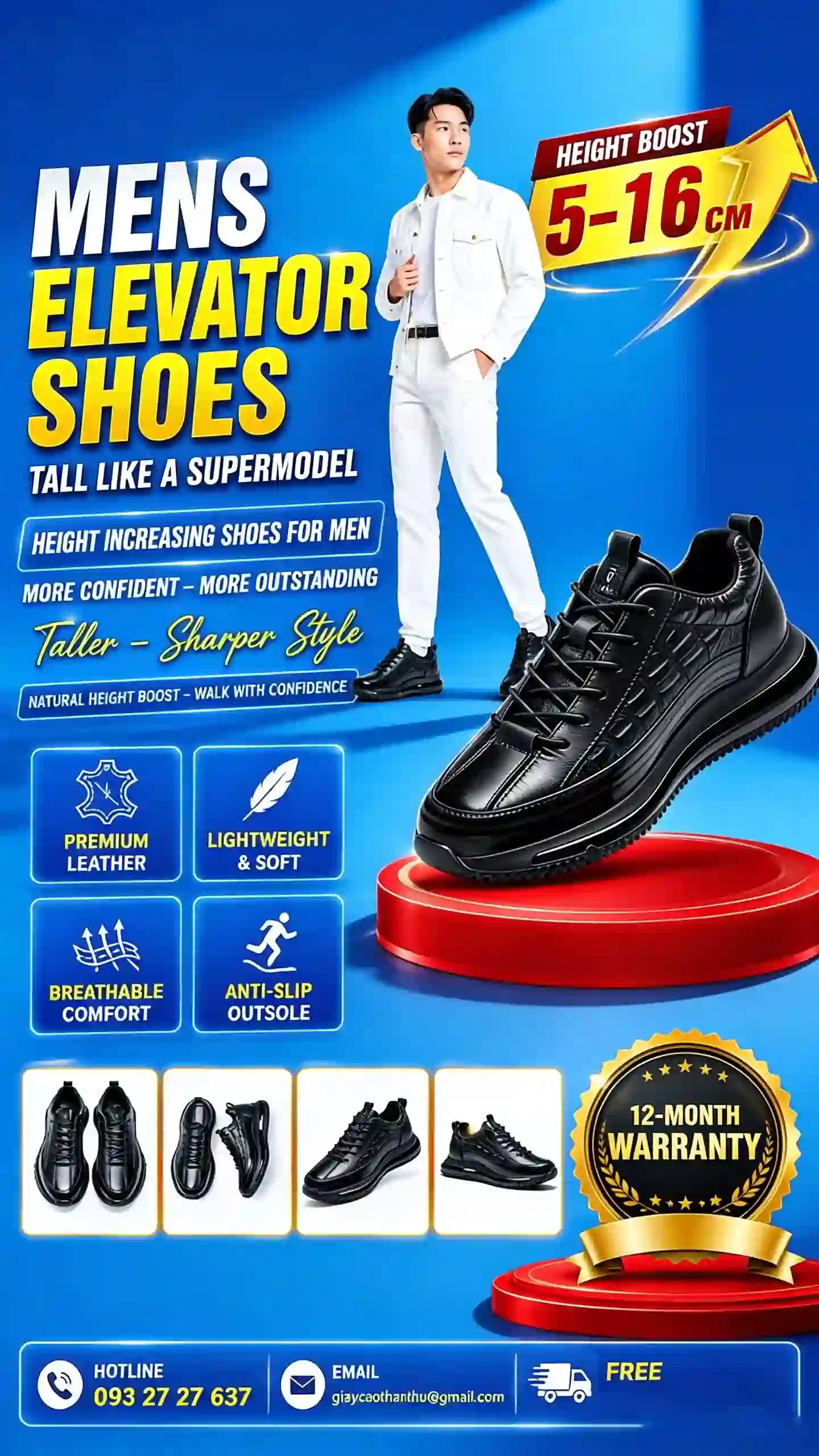 Cao như siêu mẫu 7cm giày tăng chiều cao nam 5-16cm