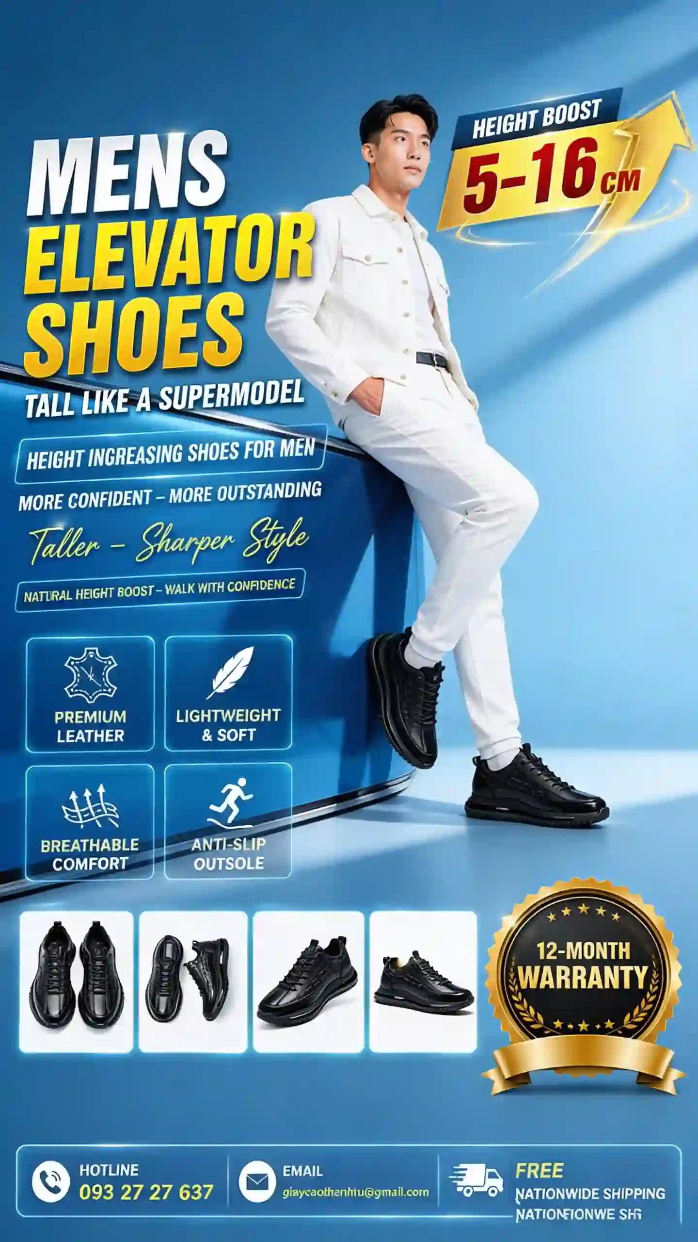 Cao như siêu mẫu 7cm giày nam cao 6cm đế ẩn êm chân