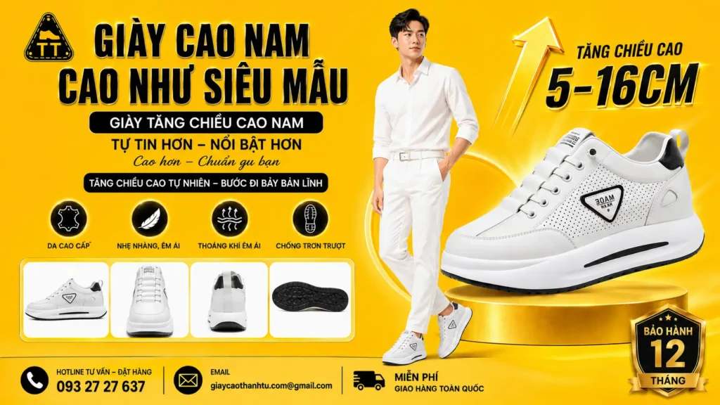 Giày cao nam (5-16cm) thiết kế như siêu mẫu, đế ẩn thông minh, siêu nhẹ. Tăng chiều cao tự nhiên, thoáng khí, chống trơn trượt. Giao hàng miễn phí toàn quốc, bảo hành 12 tháng.