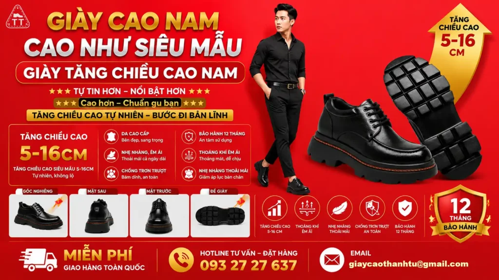 Cao như siêu mẫu 5cm giày tăng chiều cao nam đế kín tự nhiên