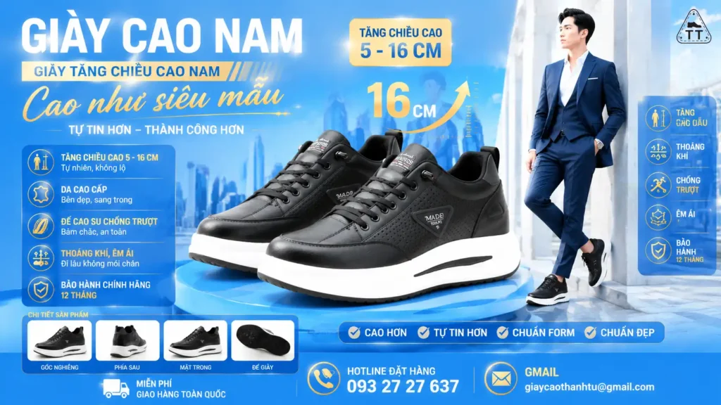 Giày cao nam – cao như siêu mẫu (6-16cm), giày tăng chiều cao nam đế ẩn tự nhiên, nam tính, tự tin phong độ, miễn phí giao hàng tại TP.HCM