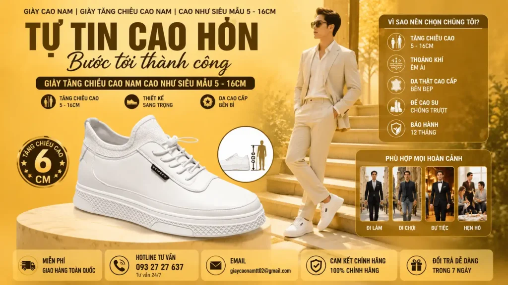 Giày cao nam – cao như siêu mẫu (6-16cm), giày tăng chiều cao nam đế ẩn tự nhiên, nam tính, tự tin phong độ, miễn phí giao hàng tại TP.HCM