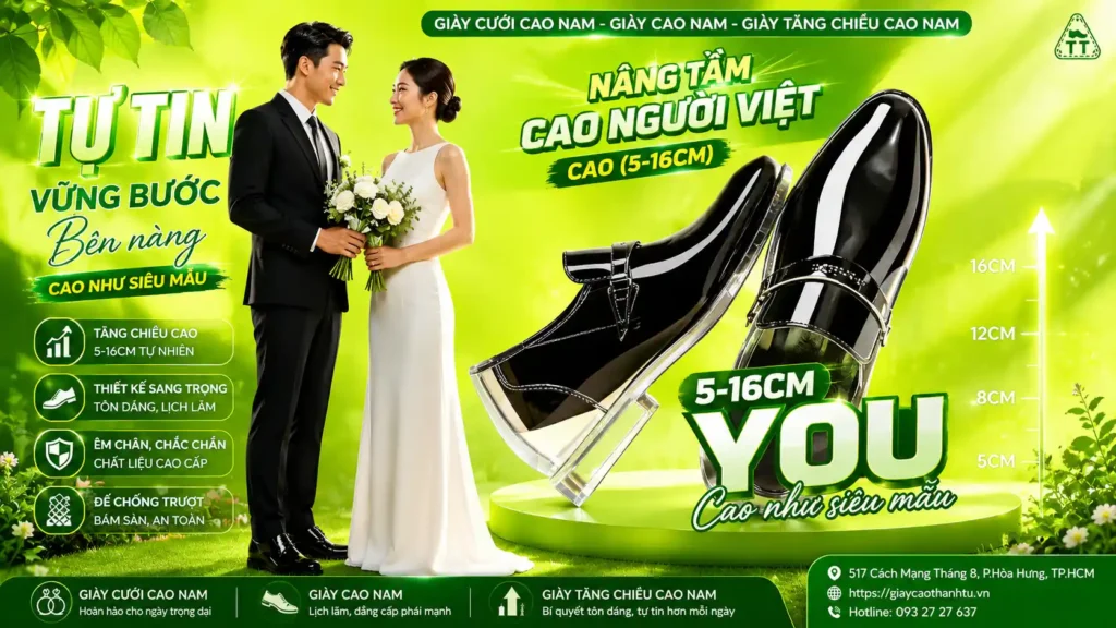 Giày cưới cao nam (5–16cm) Cao như siêu mẫu, giày cao nam đế ẩn tự nhiên. Giày tăng chiều cao nam tại TP.HCM, sang trọng, êm chân, chống trượt.