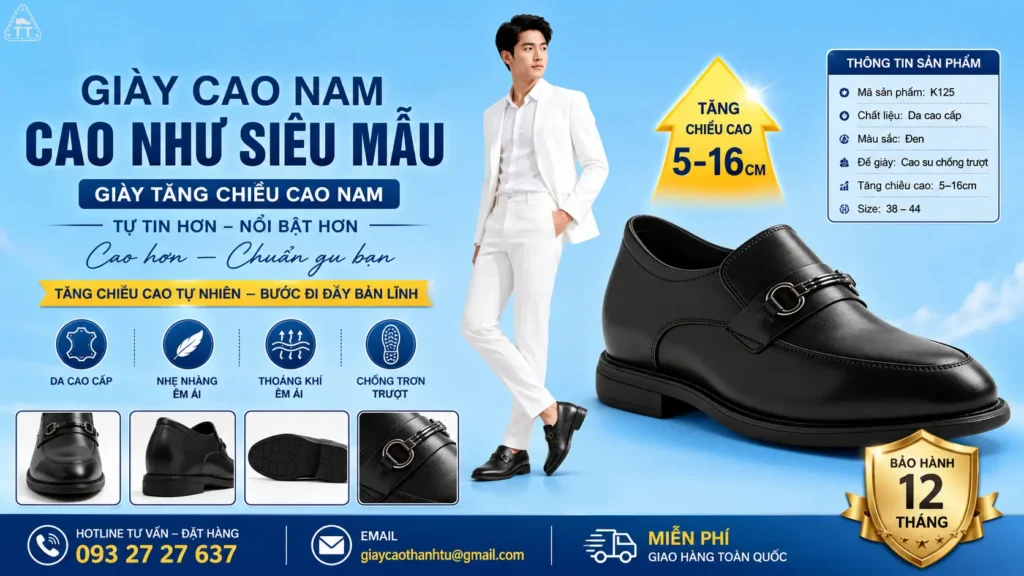 giày cao nam (5-16cm), đế ẩn thông minh, siêu nhẹ, form chuẩn, phong cách như siêu mẫu