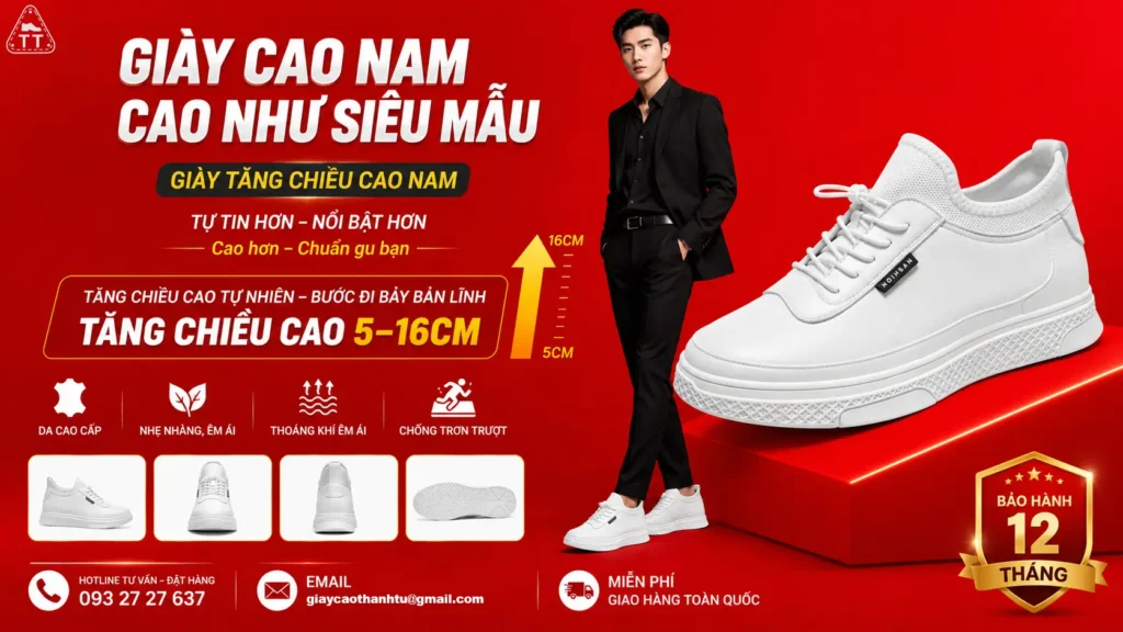 giày cao nam (5-16cm), lót êm ái, thoáng khí, siêu nhẹ