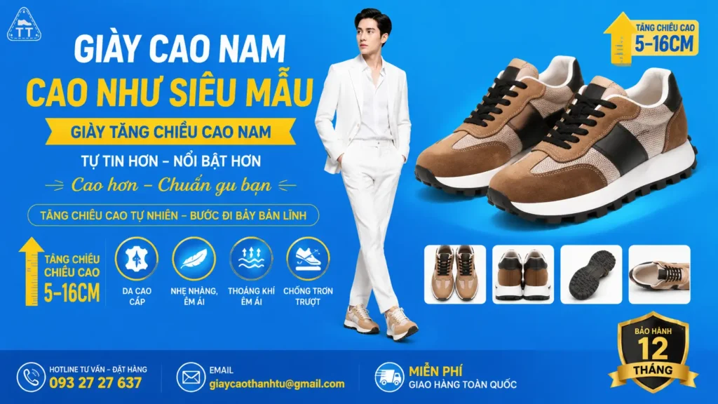 giày cao nam (5-16cm) màu đen, đế ẩn thông minh, siêu nhẹ, form chuẩn, phong cách như siêu mẫu