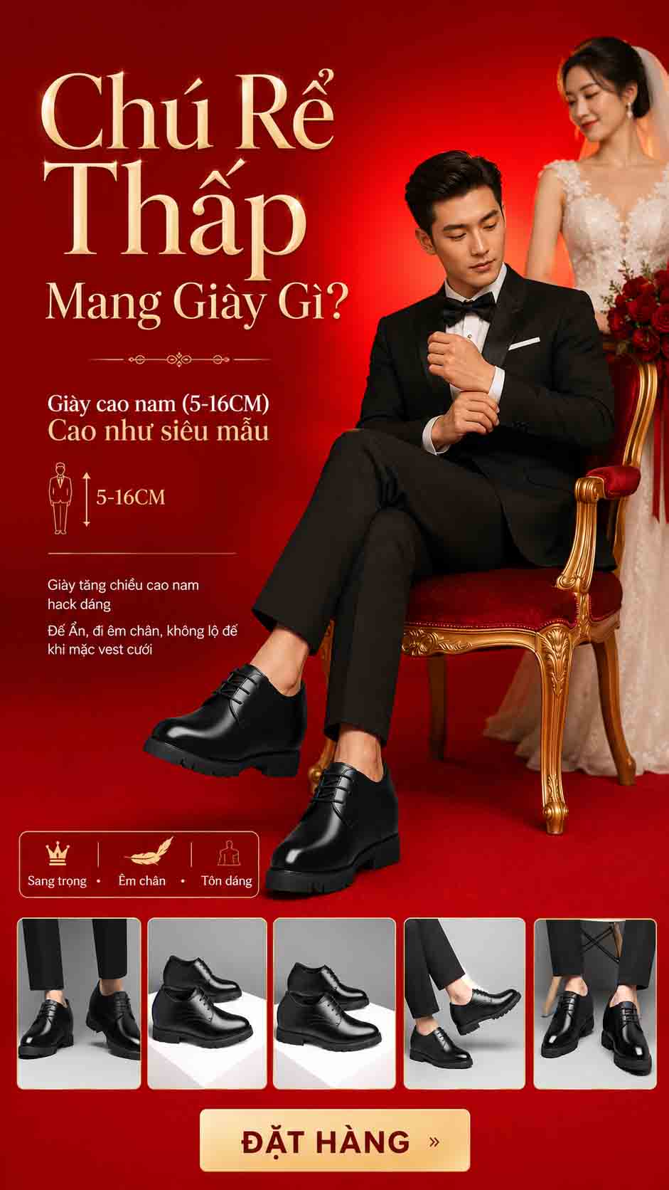 Chú rể thấp mang giày gì giúp dáng cao tự nhiên