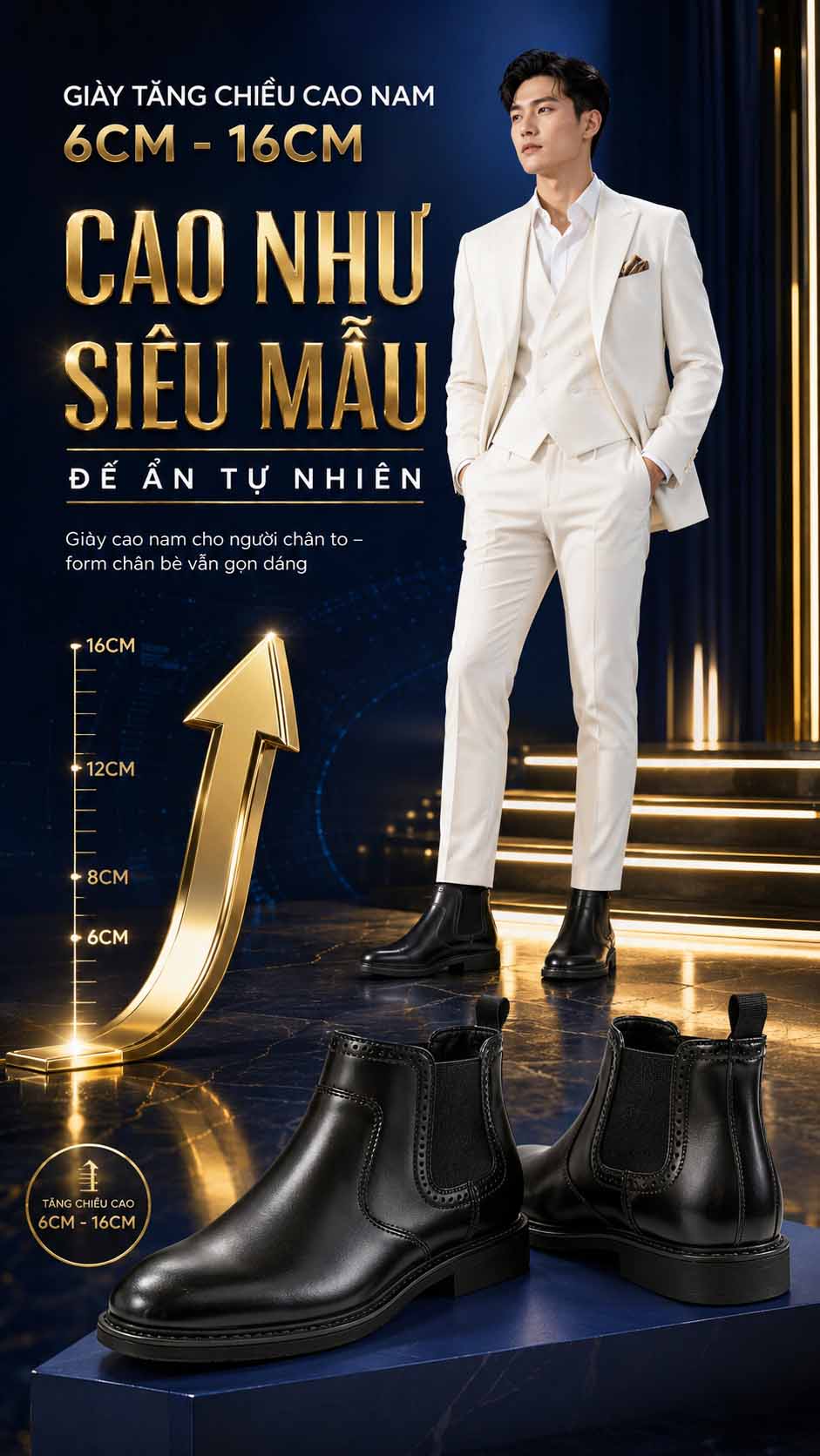 Giày cao nam cho người chân to công sở lịch lãm không lộ đế