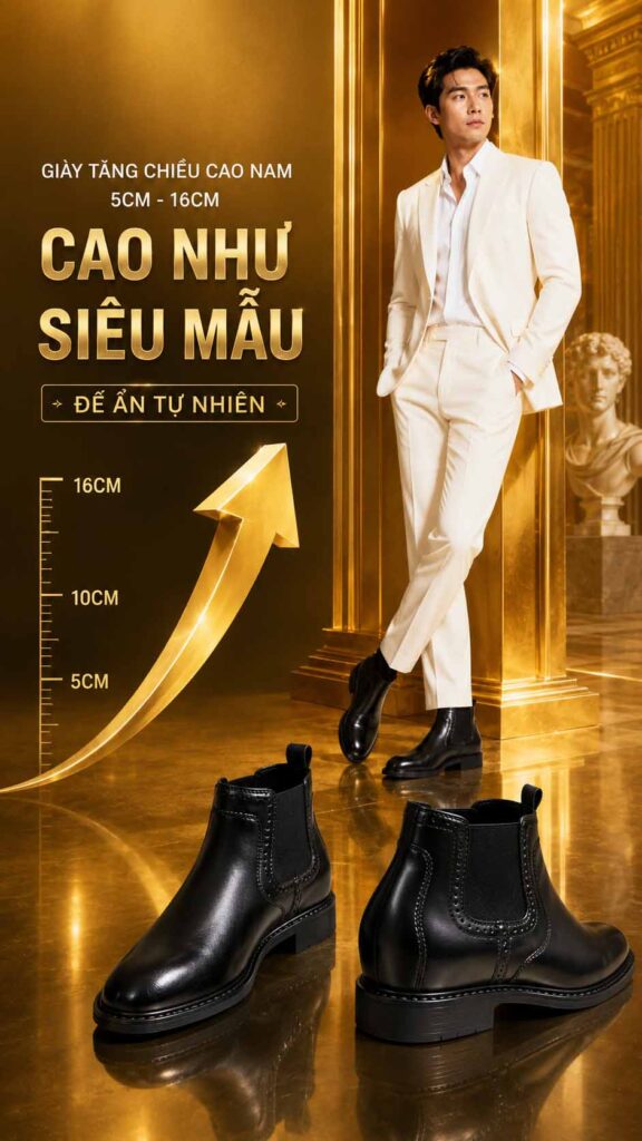 Giày cao nam cho người chân to form rộng êm chân đế ẩn tự nhiên