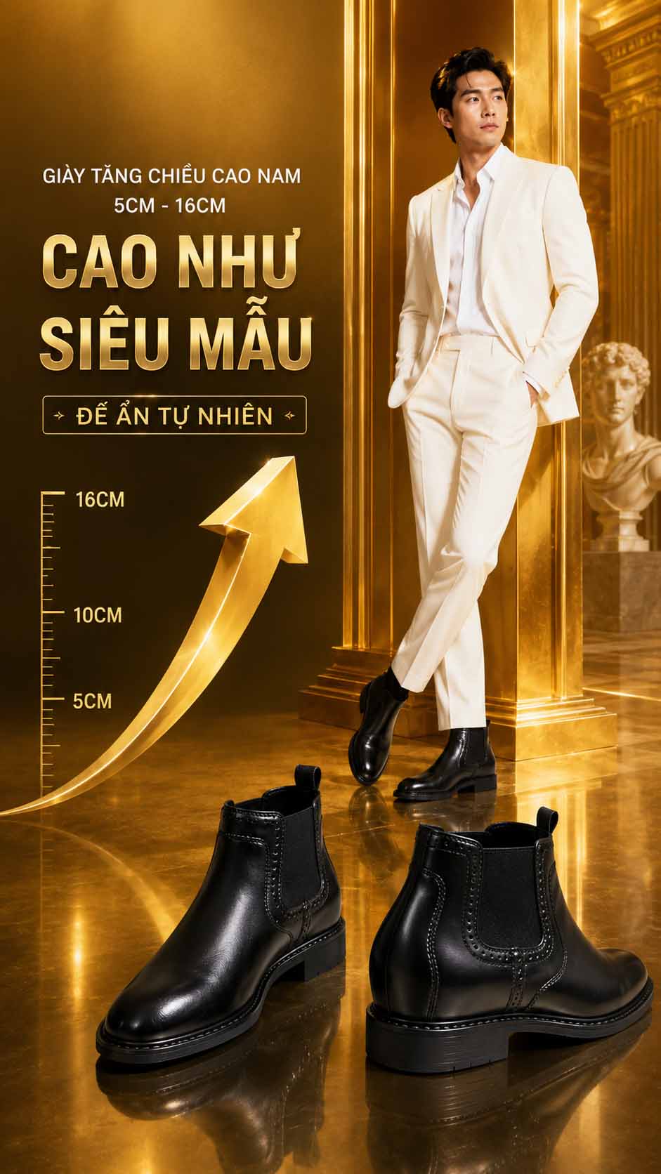 Giày cao nam cho người chân to form rộng êm chân đế ẩn tự nhiên