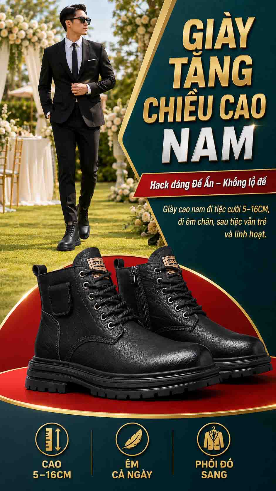 Giày cao nam đi tiệc cưới da bóng lịch lãm phối cùng quần âu nam