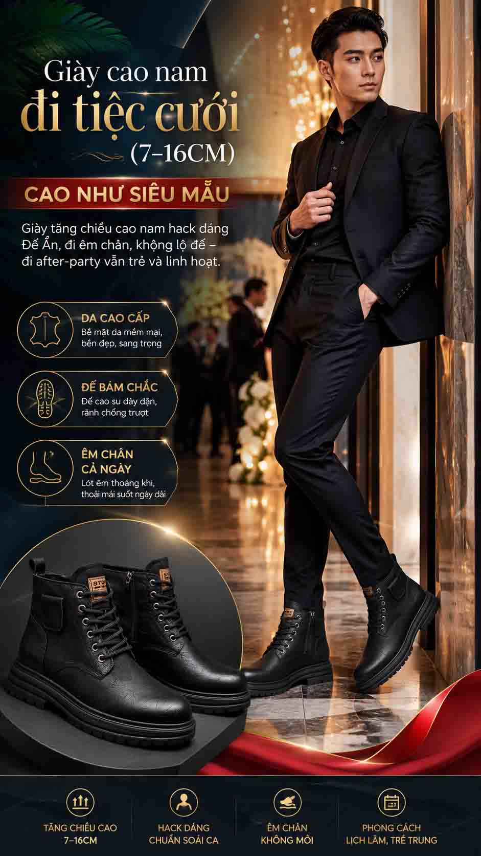 Giày cao nam đi tiệc cưới màu nâu sang trọng cho phong cách trẻ trung