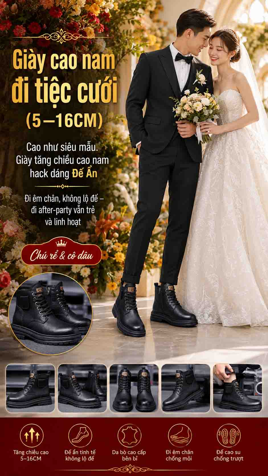 Giày cao nam đi tiệc cưới tăng chiều cao tự nhiên không làm dáng đi bị gượng