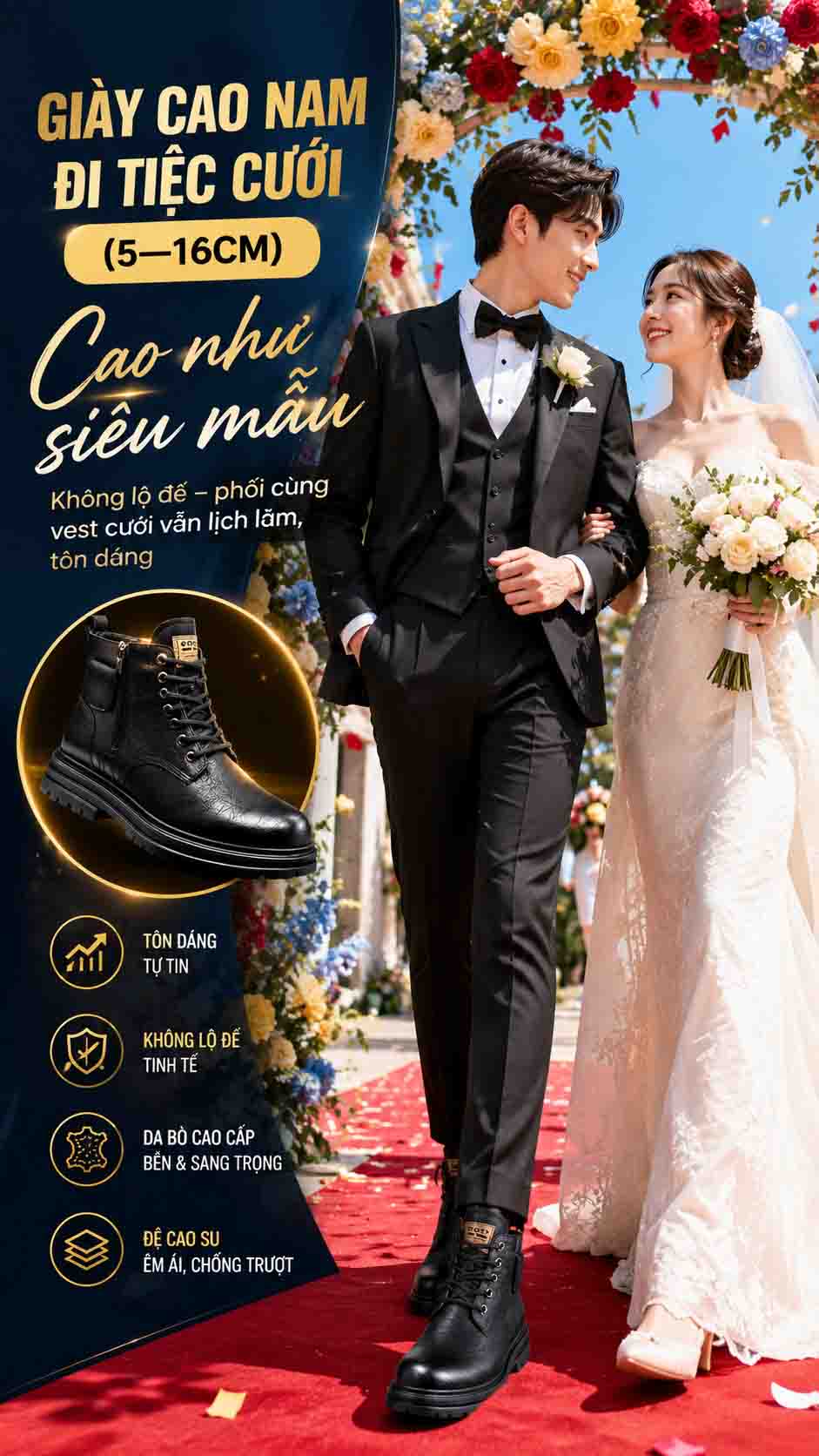 Giày cao nam đi tiệc cưới cao 10cm giúp chân dài hơn khi chụp ảnh