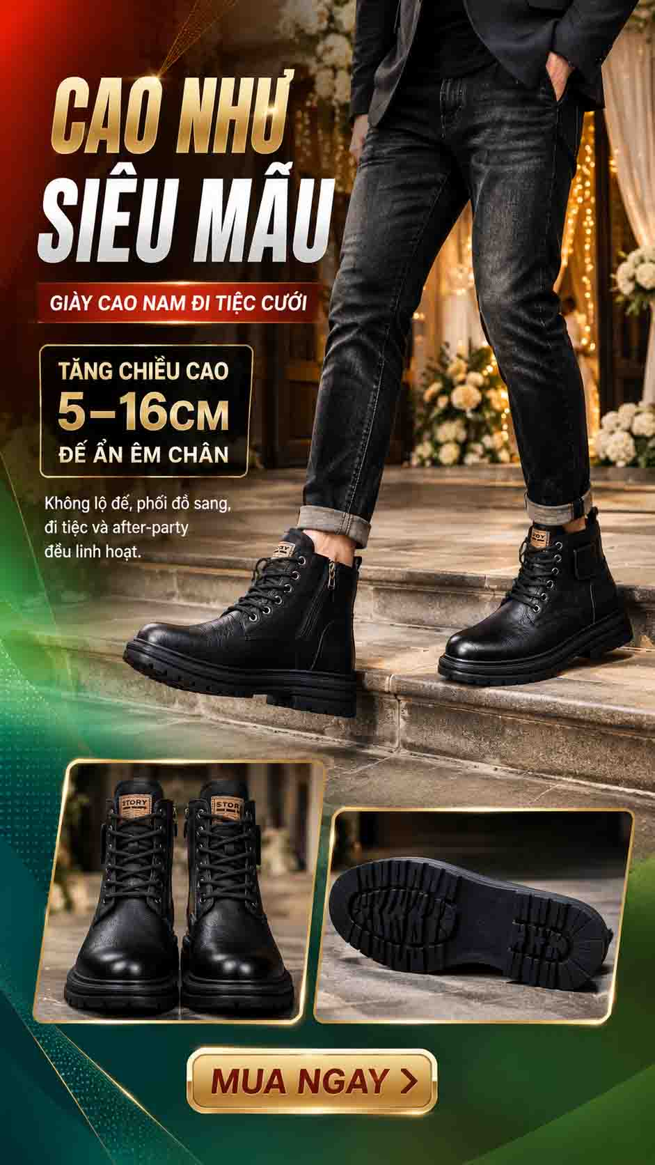 Giày cao nam đi tiệc cưới không lộ đế cho nam giới cần vẻ ngoài lịch sự