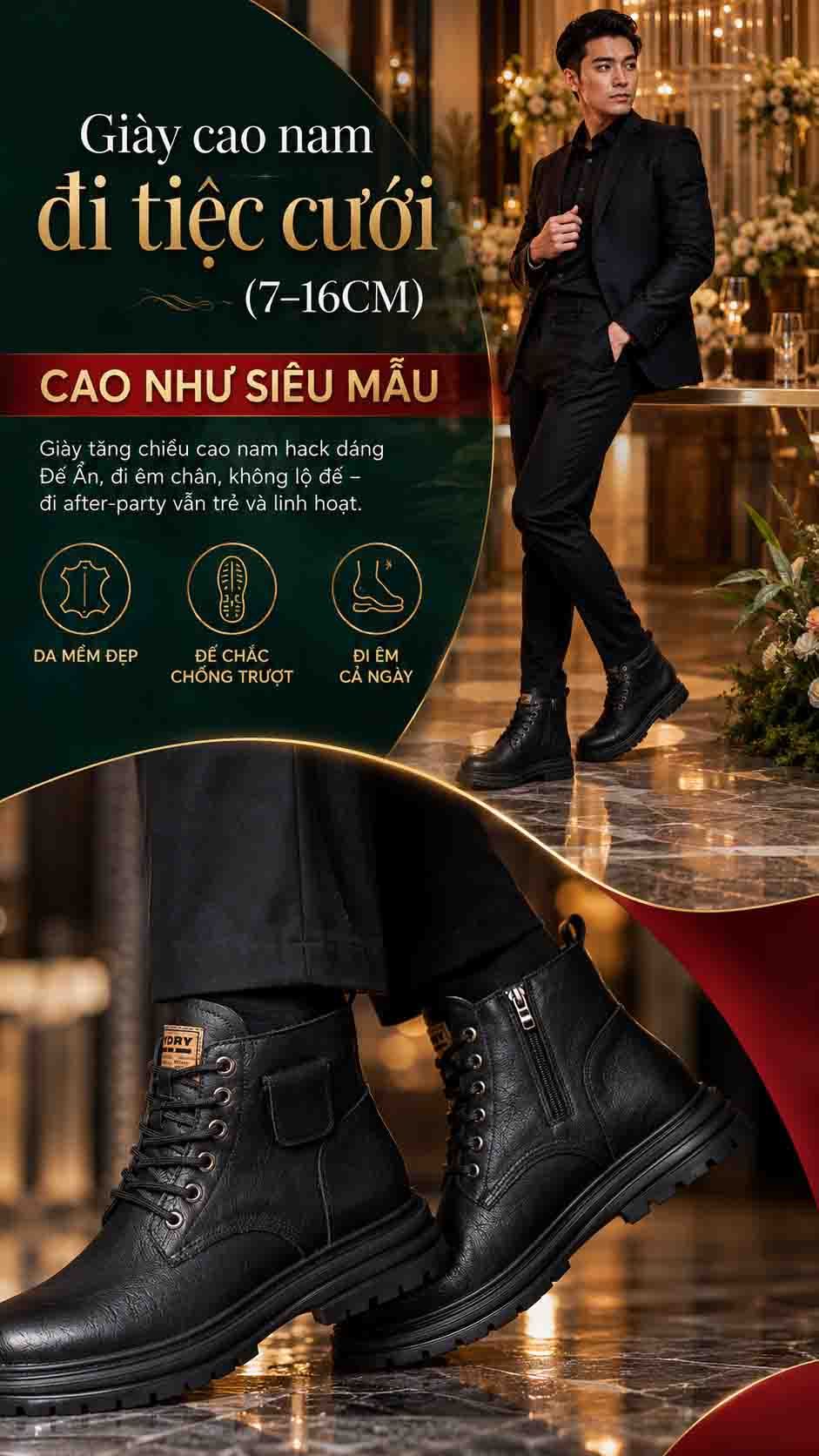 Giày cao nam đi tiệc cưới đế cao bên trong giúp tăng chiều cao kín đáo