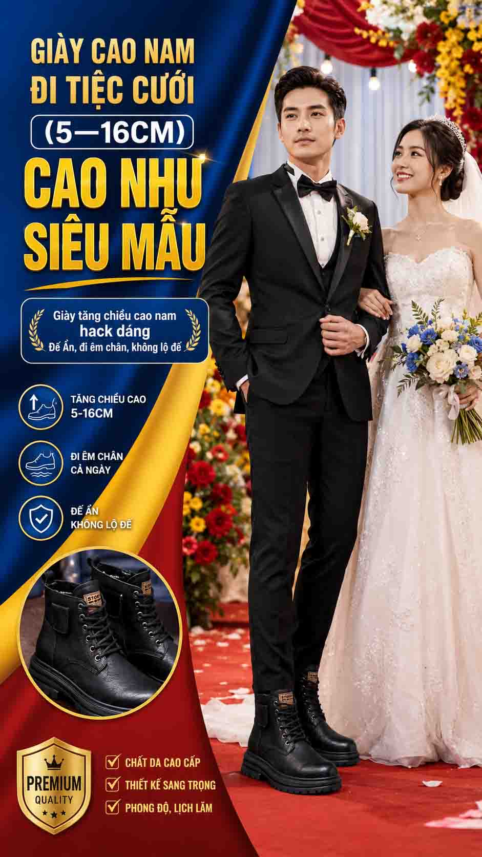 Giày cao nam đi tiệc cưới form ôm chân đi lâu vẫn thoải mái