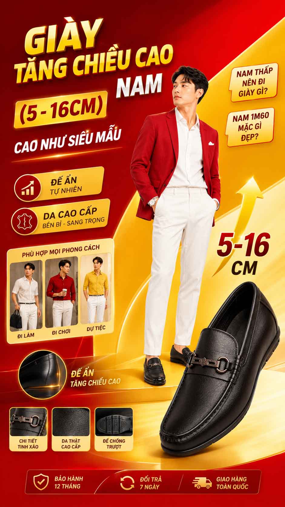 Nam 1m60 mặc gì đẹp với giày tăng chiều cao nam cao 5-16cm