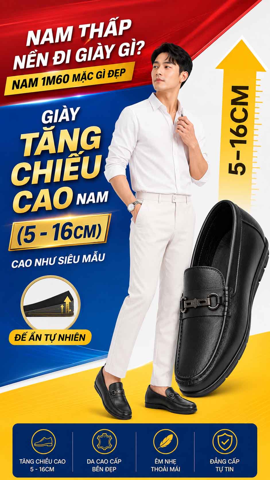 Nam 1m60 mặc gì đẹp với sneaker tăng chiều cao nam năng động