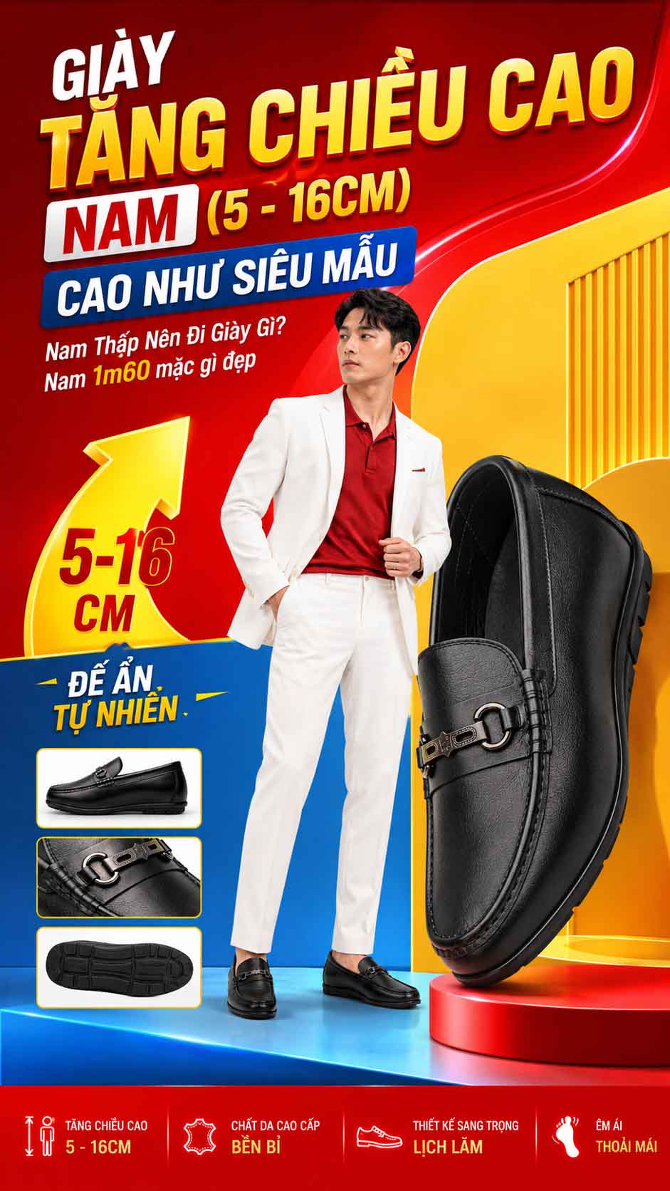 Nam 1m60 mặc gì đẹp với giày lười tăng chiều cao nam dễ phối đồ
