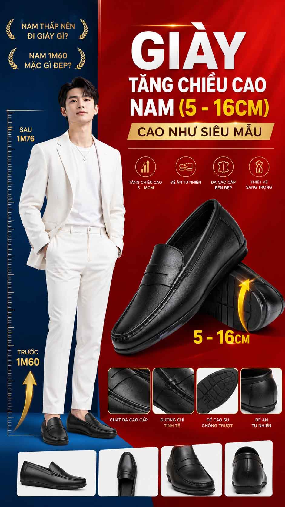 Nam 1m60 mặc gì đẹp để đi làm lịch lãm với giày tăng chiều cao nam