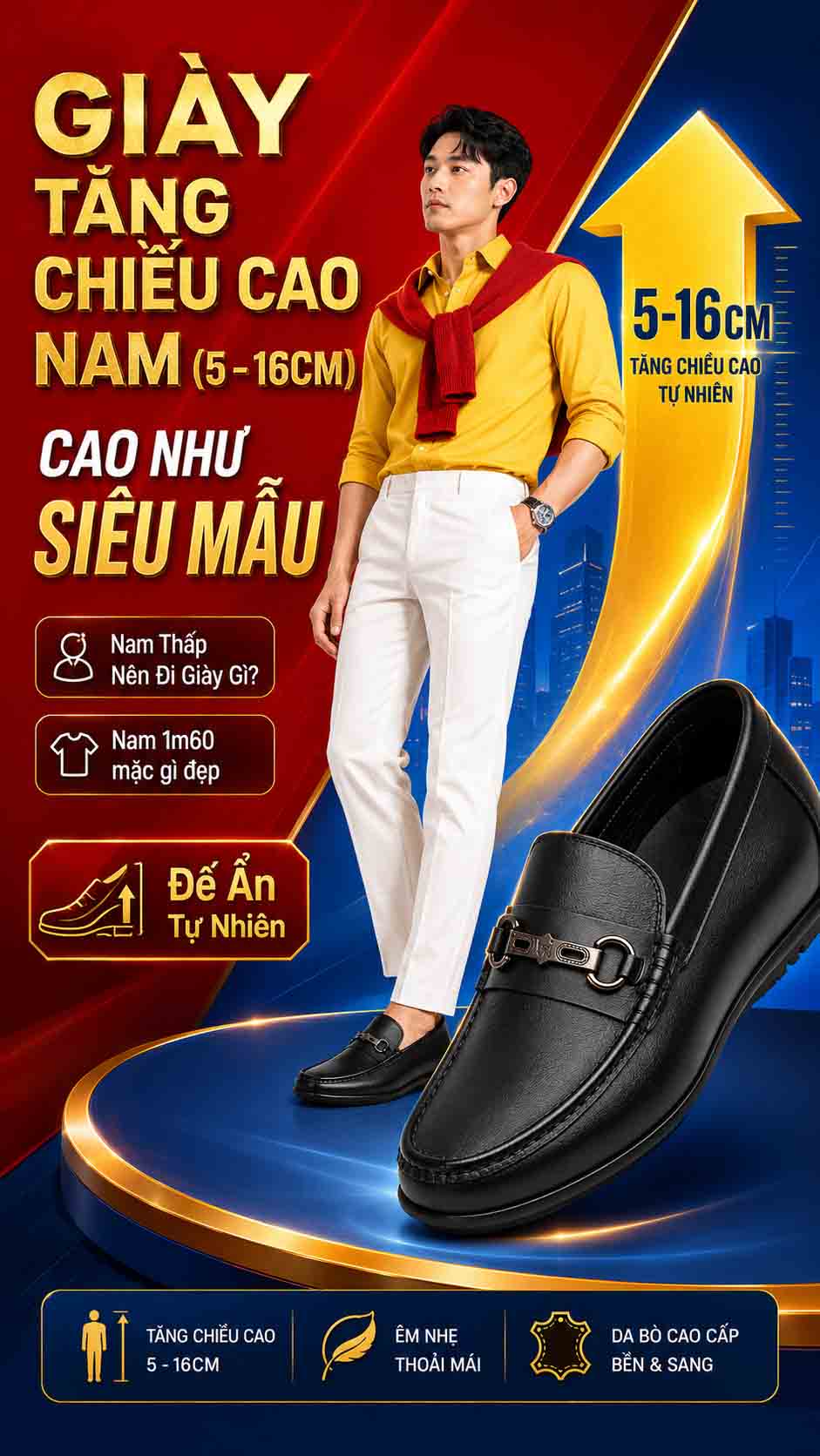 Nam Thấp Nên Đi Giày Gì? Giày cao nam 6cm đế ẩn tự nhiên dễ đi mỗi ngày