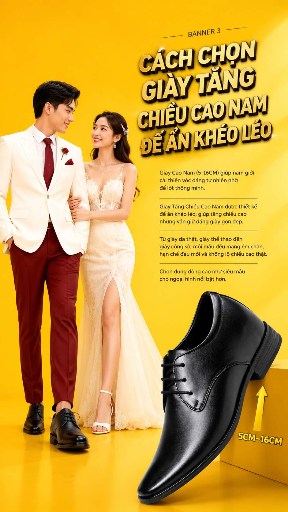Cách chọn giày tăng chiều cao nam đi êm chân không lộ đế