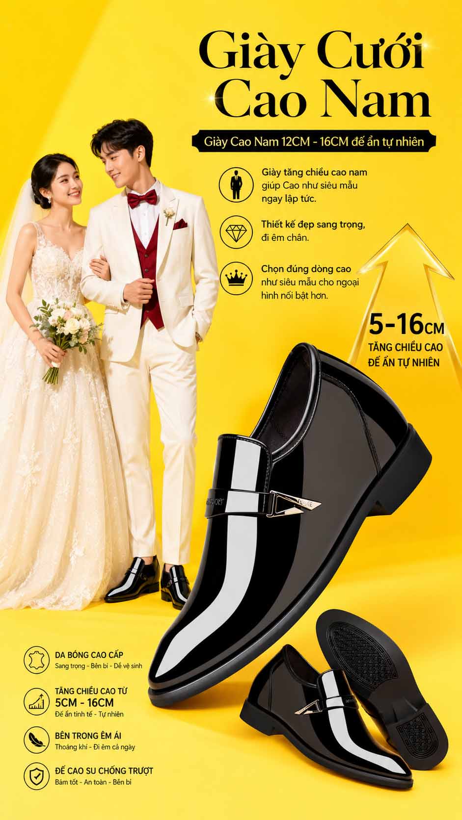 Giày cưới nam tăng chiều cao 6cm