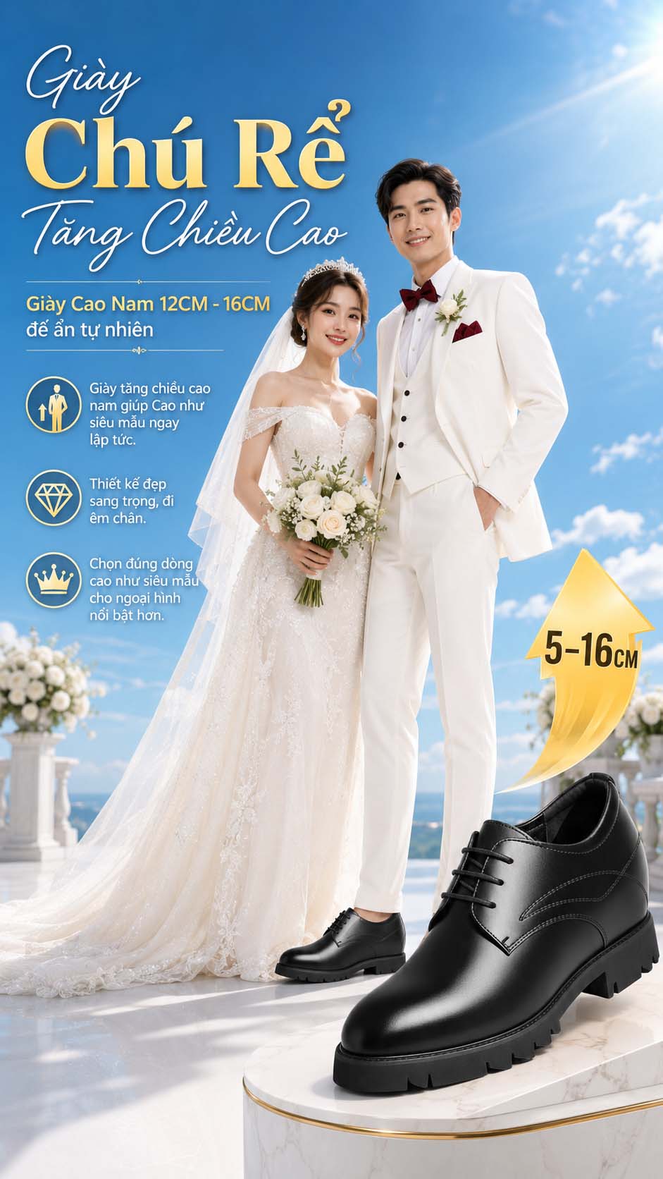 Giày cưới nam tăng chiều cao 7cm