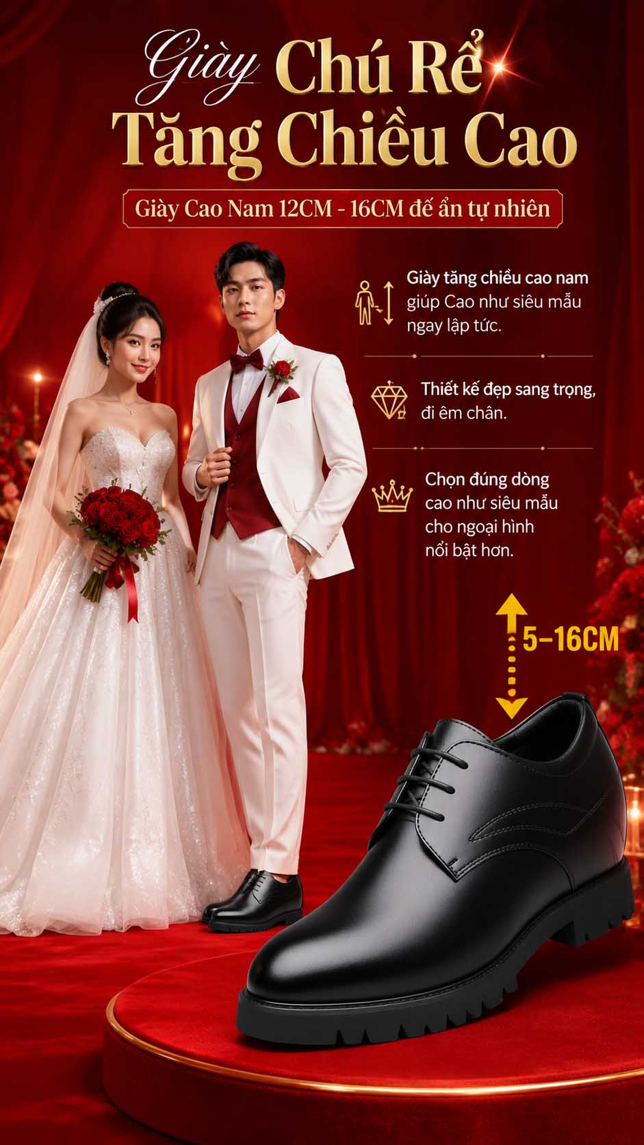 Giày chú rể tăng chiều cao màu đen