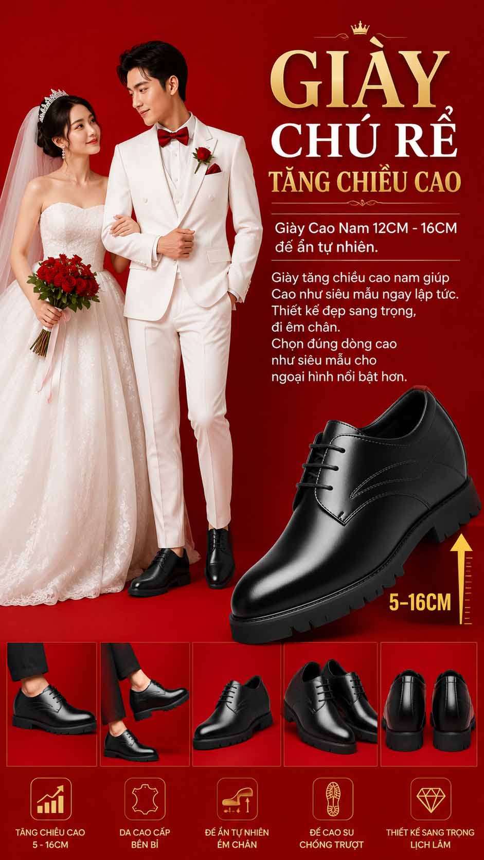 Giày chú rể tăng chiều cao đi êm chân