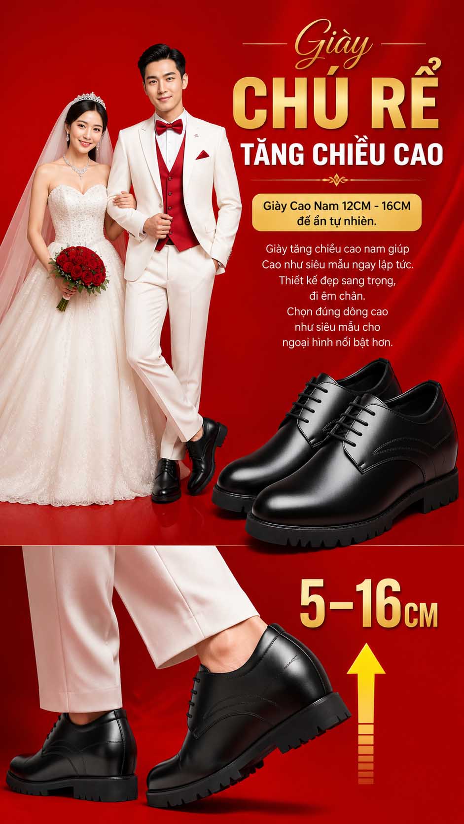 Giày chú rể tăng chiều cao không lộ đế