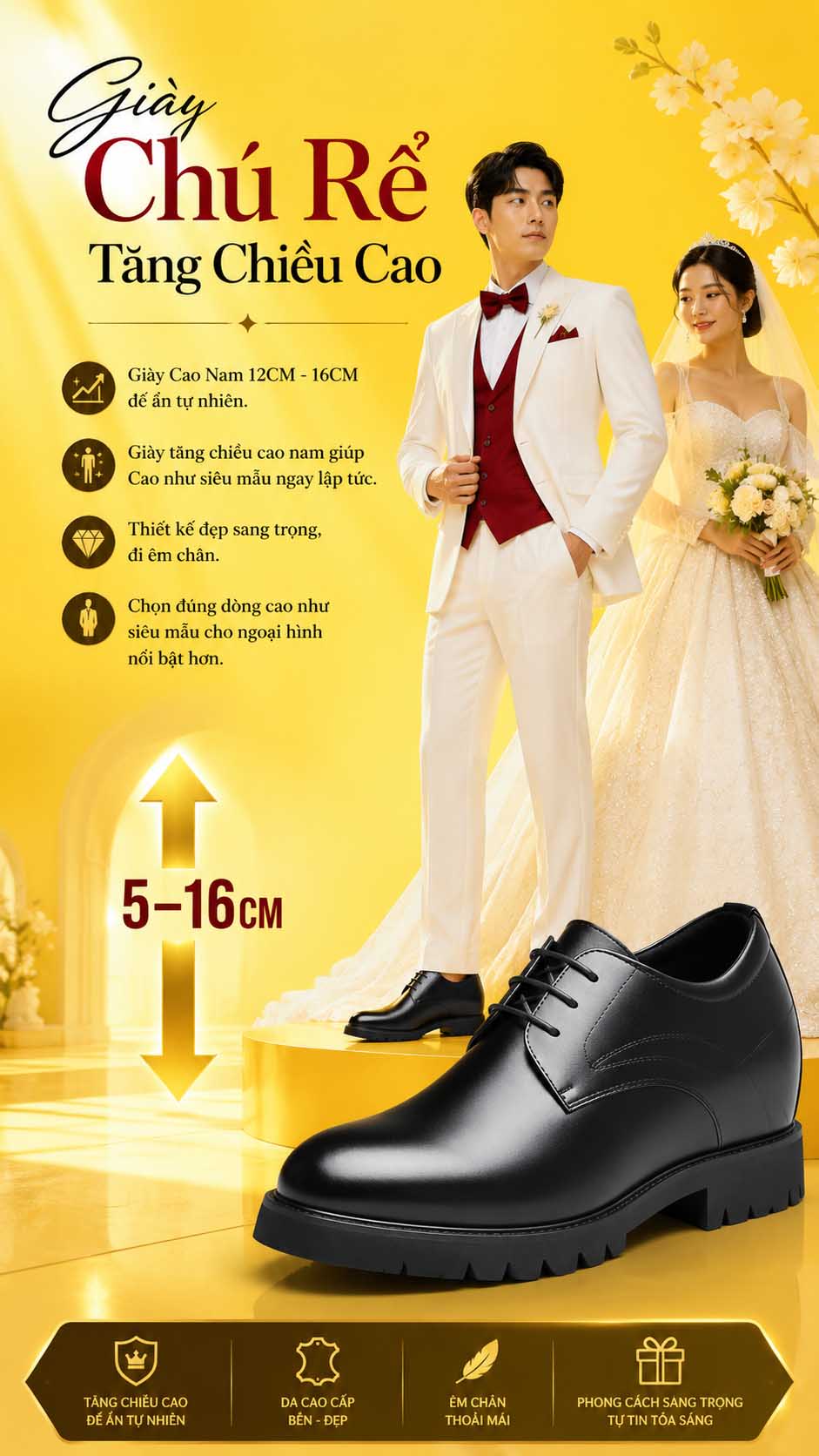 Giày chú rể tăng chiều cao 16cm