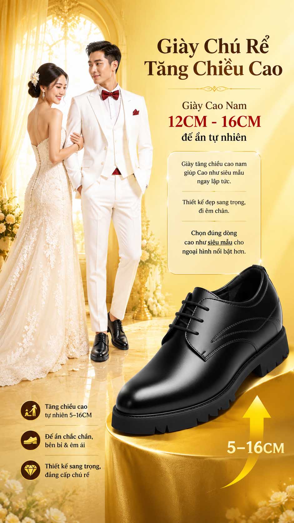 Giày cưới nam tăng chiều cao sang trọng