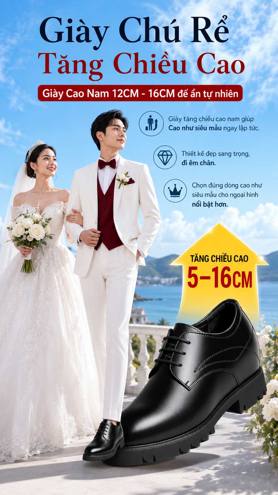 Giày cưới nam tăng chiều cao cao cấp
