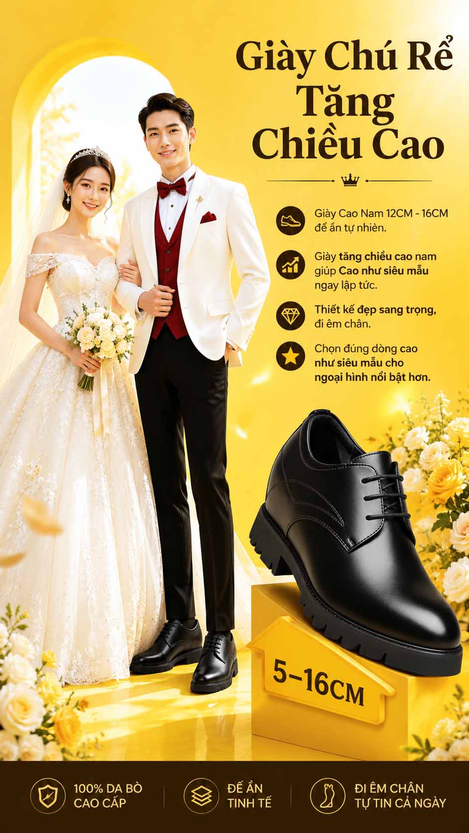 Giày cưới nam tăng chiều cao không lộ đế