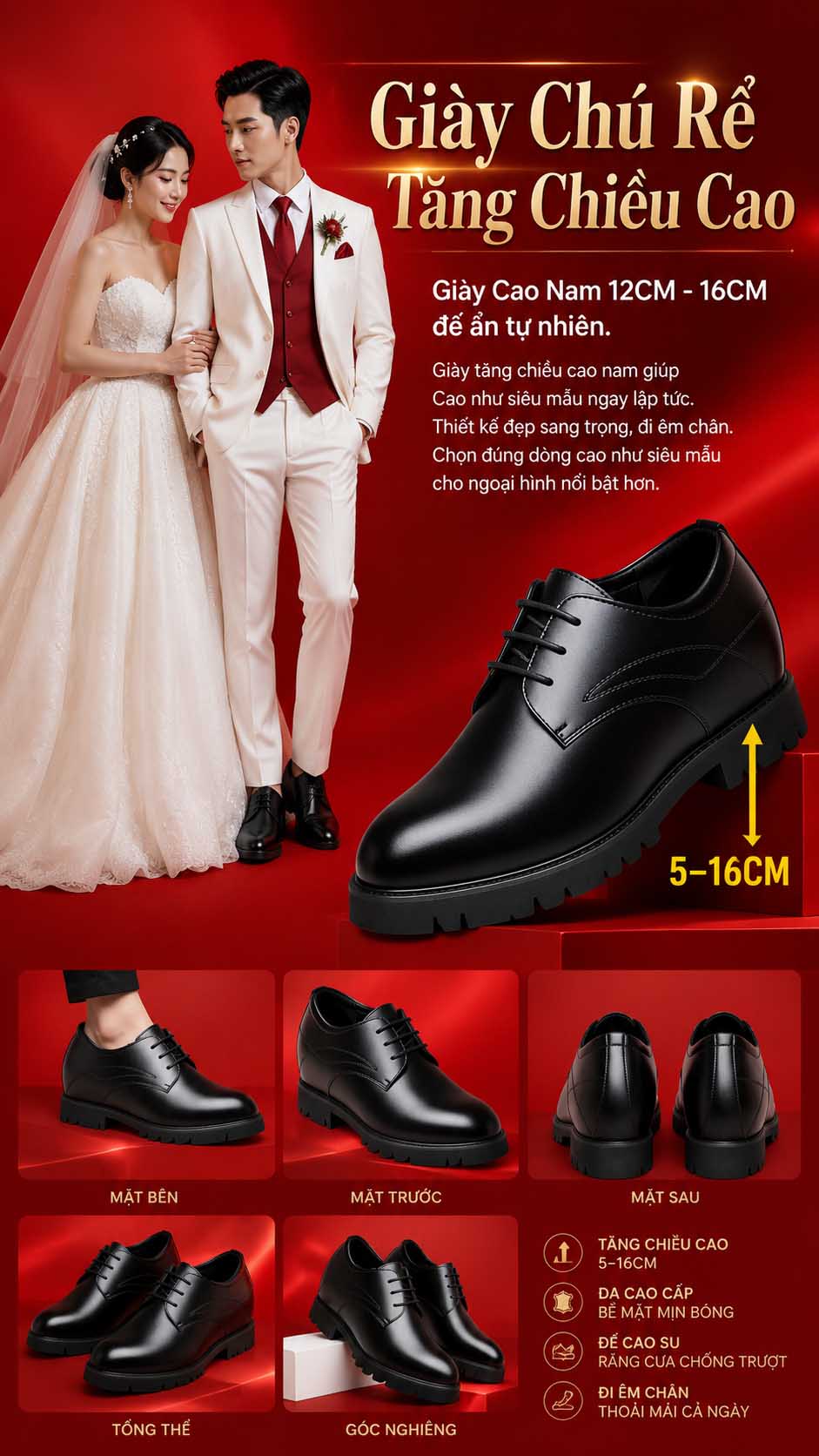 Giày cưới nam tăng chiều cao 5cm