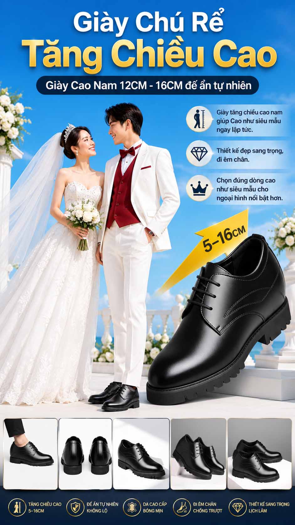 Giày cưới nam tăng chiều cao 6cm