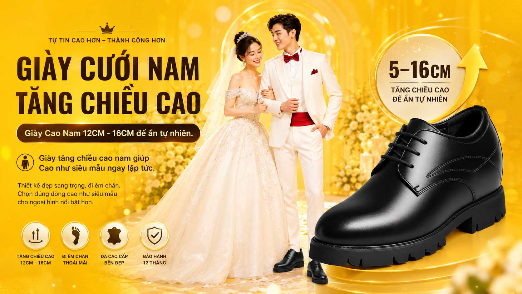 Giày cưới nam tăng chiều cao màu nâu