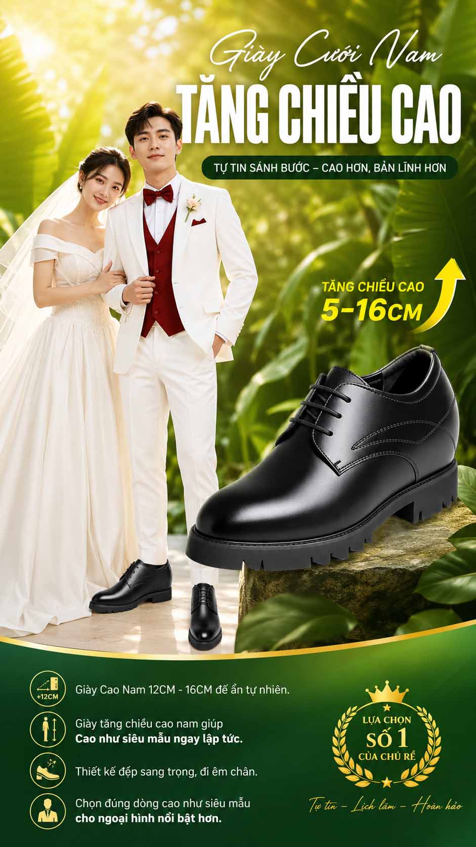 Giày cưới nam tăng chiều cao màu đen