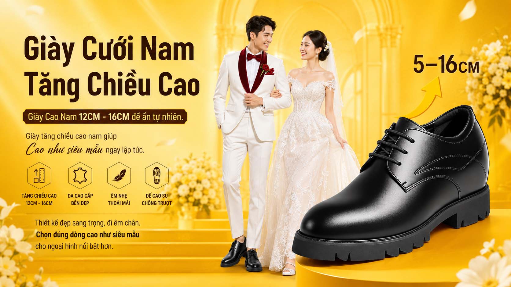 Giày cưới nam tăng chiều cao không lộ đế