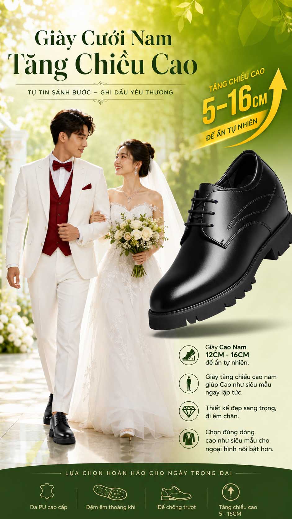 Giày cưới nam tăng chiều cao đế ẩn