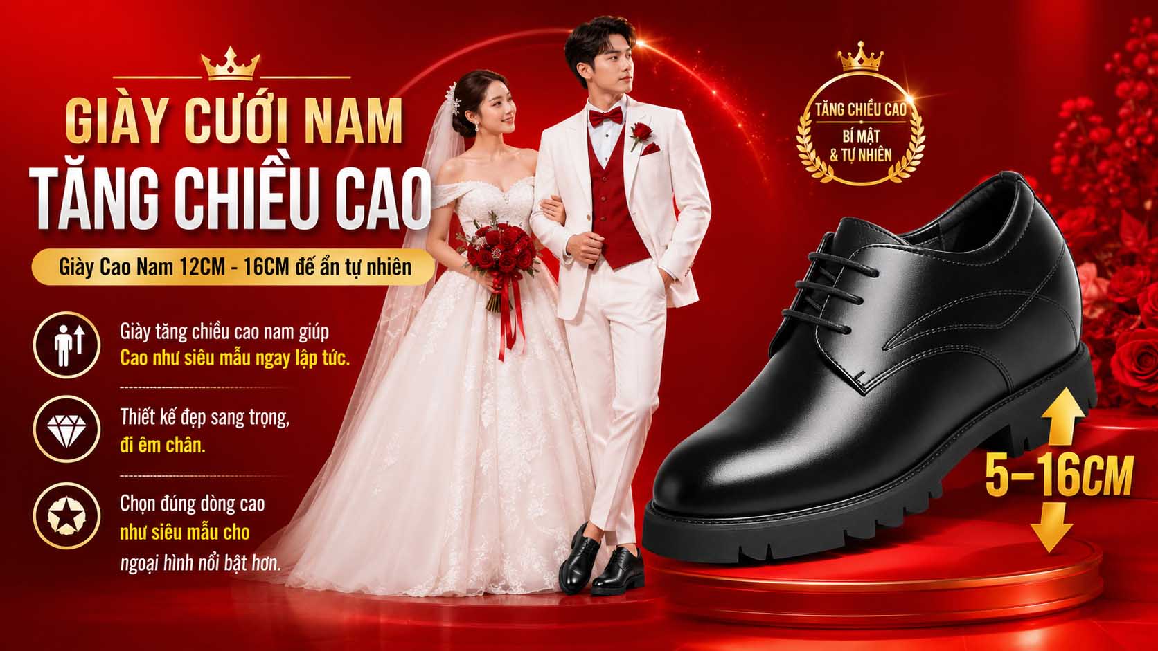 Giày cưới nam tăng chiều cao đi êm chân