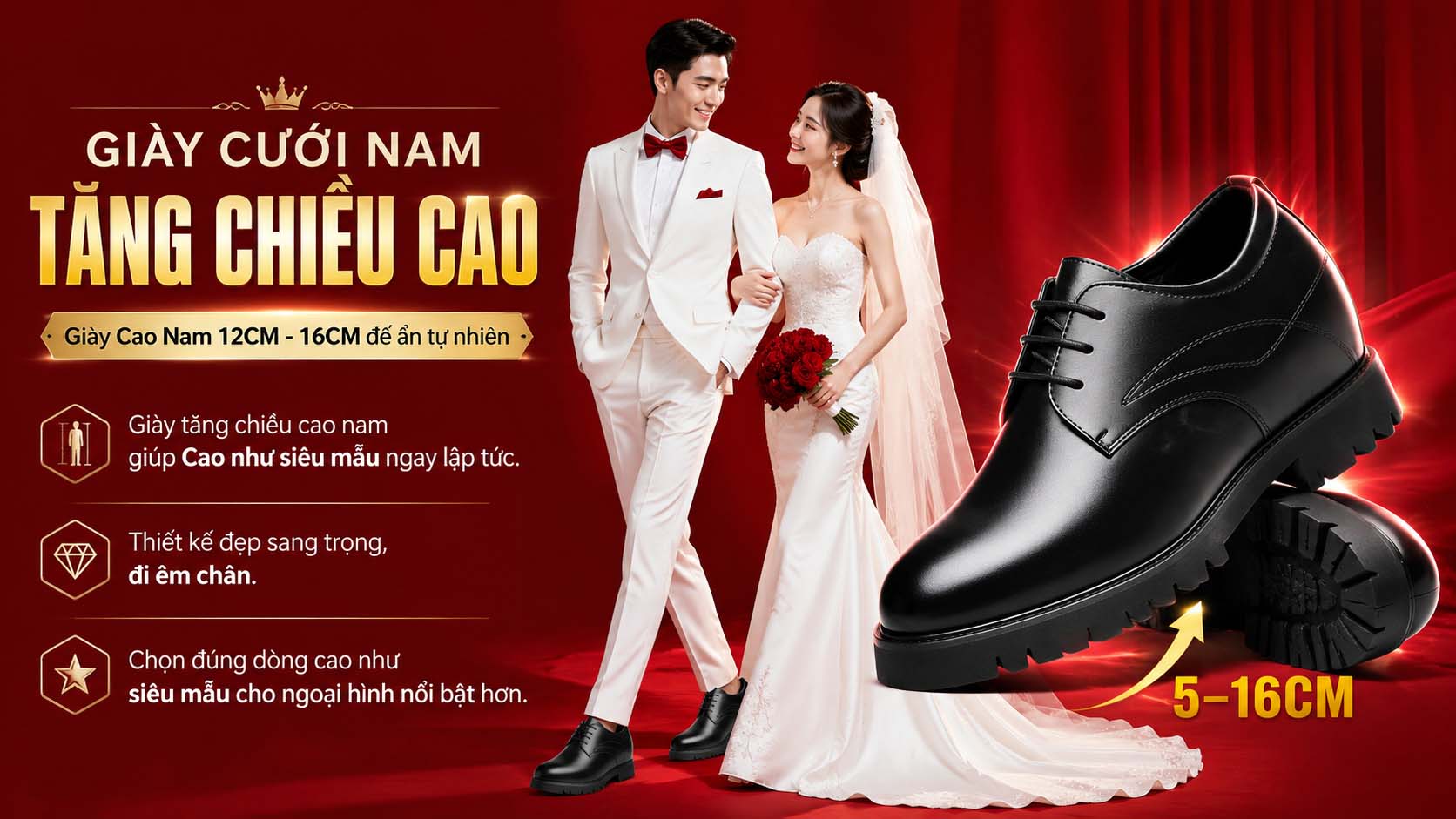 Giày cưới nam tăng chiều cao da thật