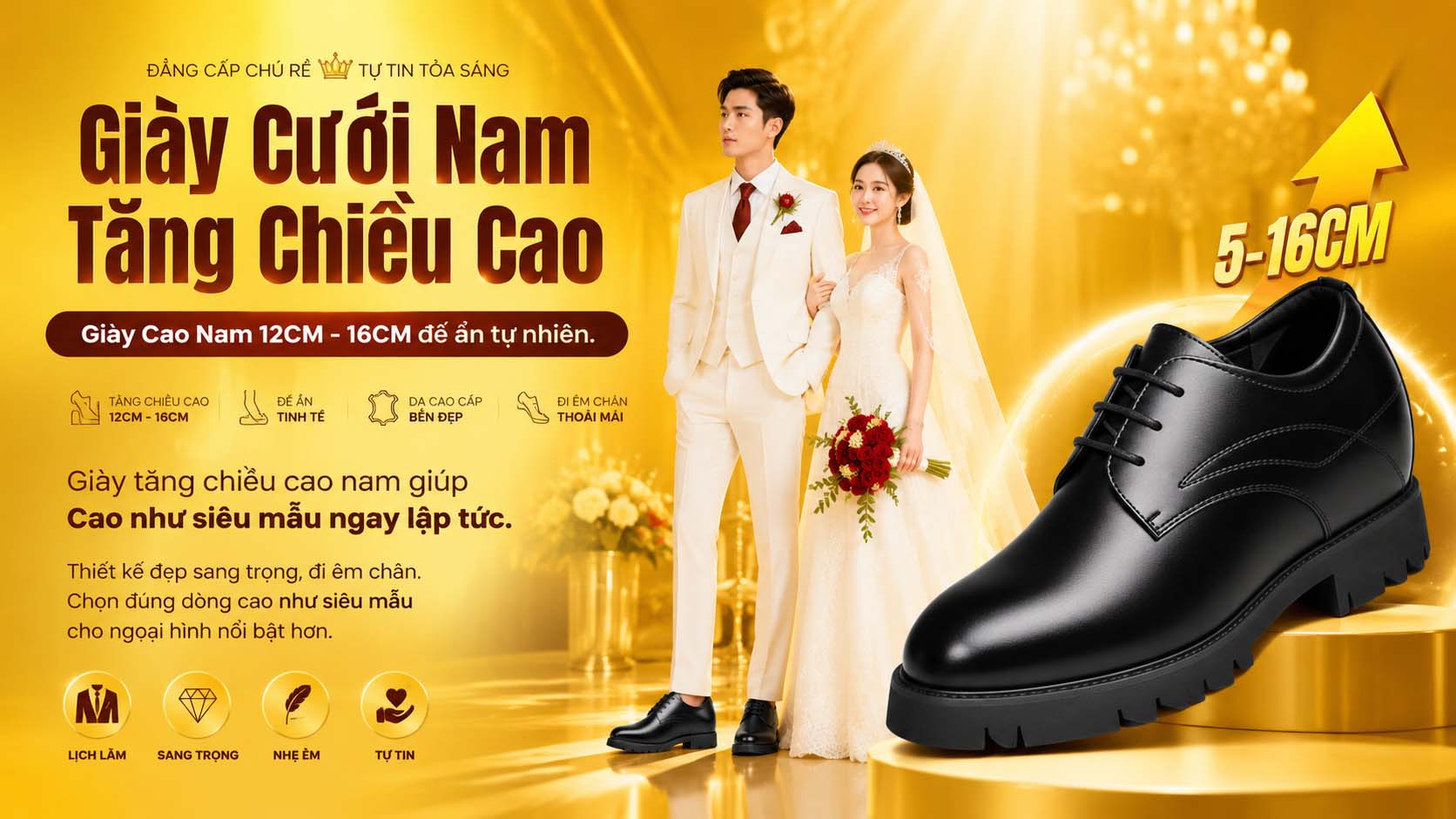 Giày cưới nam tăng chiều cao cho chú rể