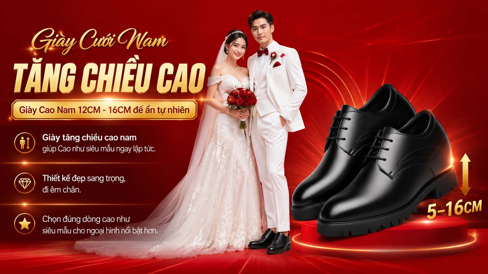 Giày cưới nam tăng chiều cao sang trọng