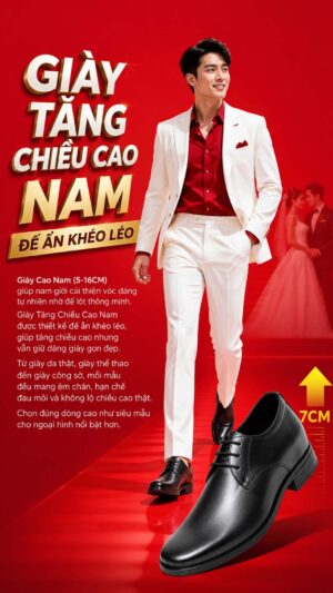 Giày cưới tăng chiều cao nam da thật phối vest đen lịch lãm