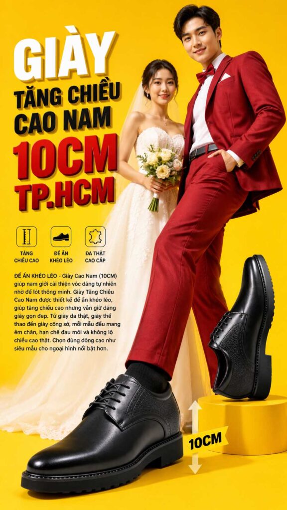 Giày tăng chiều cao nam 10cm TPHCM đế ẩn tự nhiên, đi êm chân, không lộ chiều cao thật giúp vóc dáng cân đối ngay khi mang