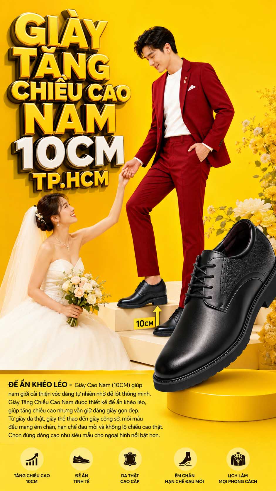 Giày tăng chiều cao nam 10cm TPHCM không lộ đế