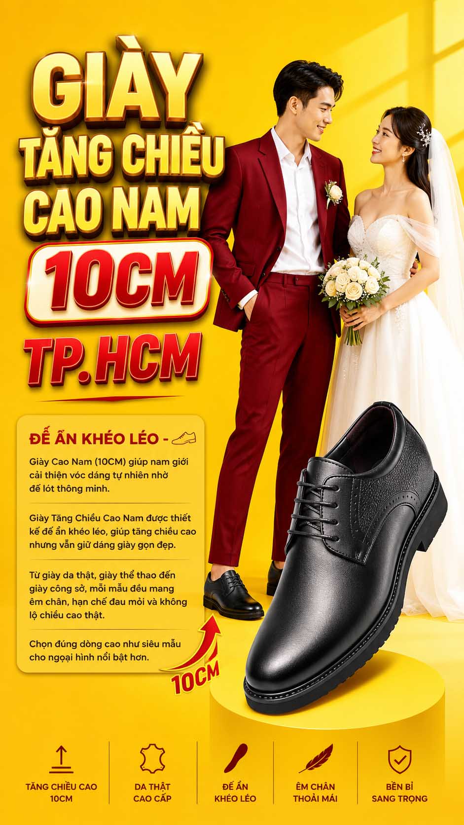 Giày tăng chiều cao nam 10cm TPHCM hạn chế đau mỏi
